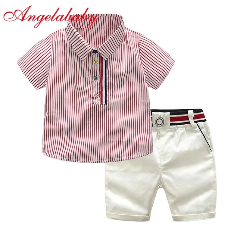 

Childrens gentleman summer clothes striped short sleeve tops white shorts 2 pcs clothing sets for kids baby boys party suits 220616, 900489