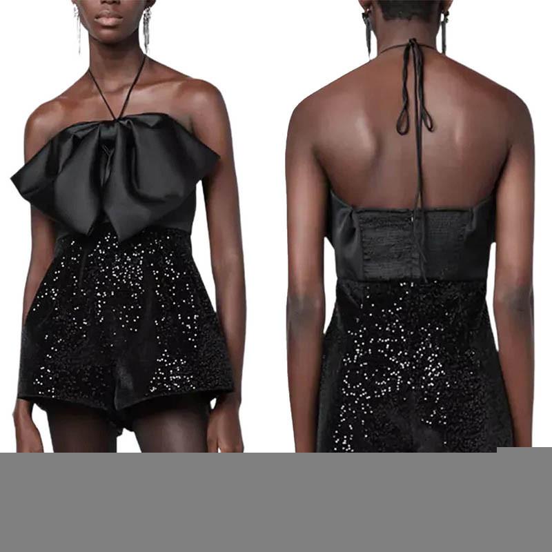 

Women' Two Piece Pants Women Short Jumpsuit Rompers Summer Sleeveless Halterneck Large Bowknot Sparkle Cocktail Party Playsuit For Female F, Black