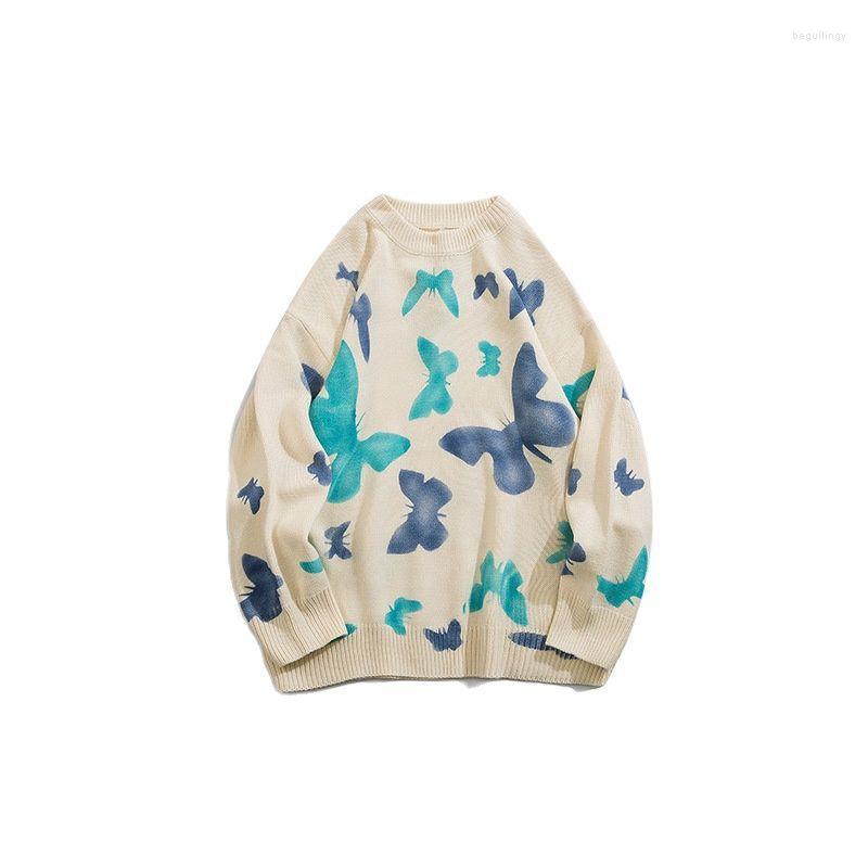 

Men's Sweaters 2022 Kpop Butterfly Print White Knitted Sweater Men Harajuku Pullovers Korean Fashion Clothing Women Casual Knitwear Pull Hom