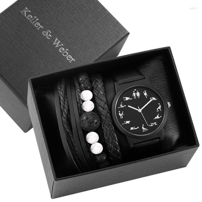 

Wristwatches Male Watch Bracelet Set Fashion Quartz Dial Clocks Leather Strap Band 3 Pieces Hand Chains Black Watches Gift For Father SonWri, Black watch set