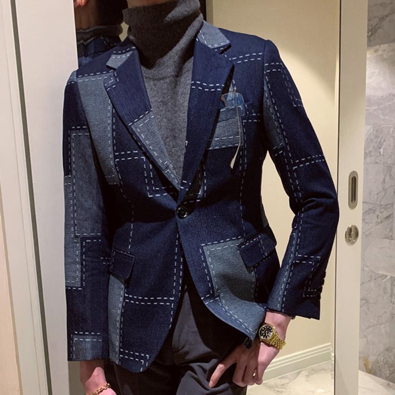 

Men's Suits & Blazers High Quality Patchwork Geometric Print Blazer Vintage Hombre Casual Suit Men Jacket 2022 Spring Plaid Stylish, Only blazer black