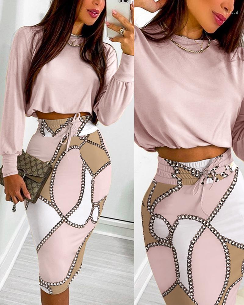 

Work Dresses Women Two Piece Suits Long Sleeve Top & Chain Print Colorblock Drawstring Shirred Skirt Set Sexy Robe Femme, White