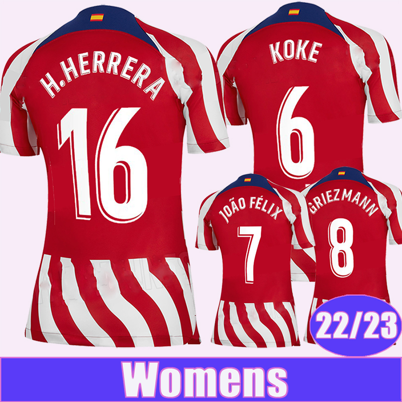 

22 23 KOKE JOAO FELIX Womens Soccer Jerseys GRIEZMANN H.HERRERA SUAREZ Home Red and White Football Shirts short sleeve Adult Uniforms, Nv9424 22 23 home no patch
