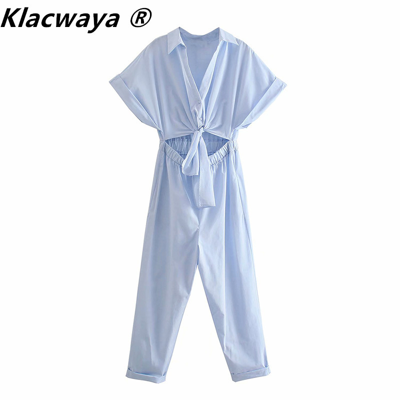 

Za Women Knot Decoration Poplin Solid Color V Neck Jumpsuits Chic Ladies Short Sleeve Casual Rompers 210521, Light blue