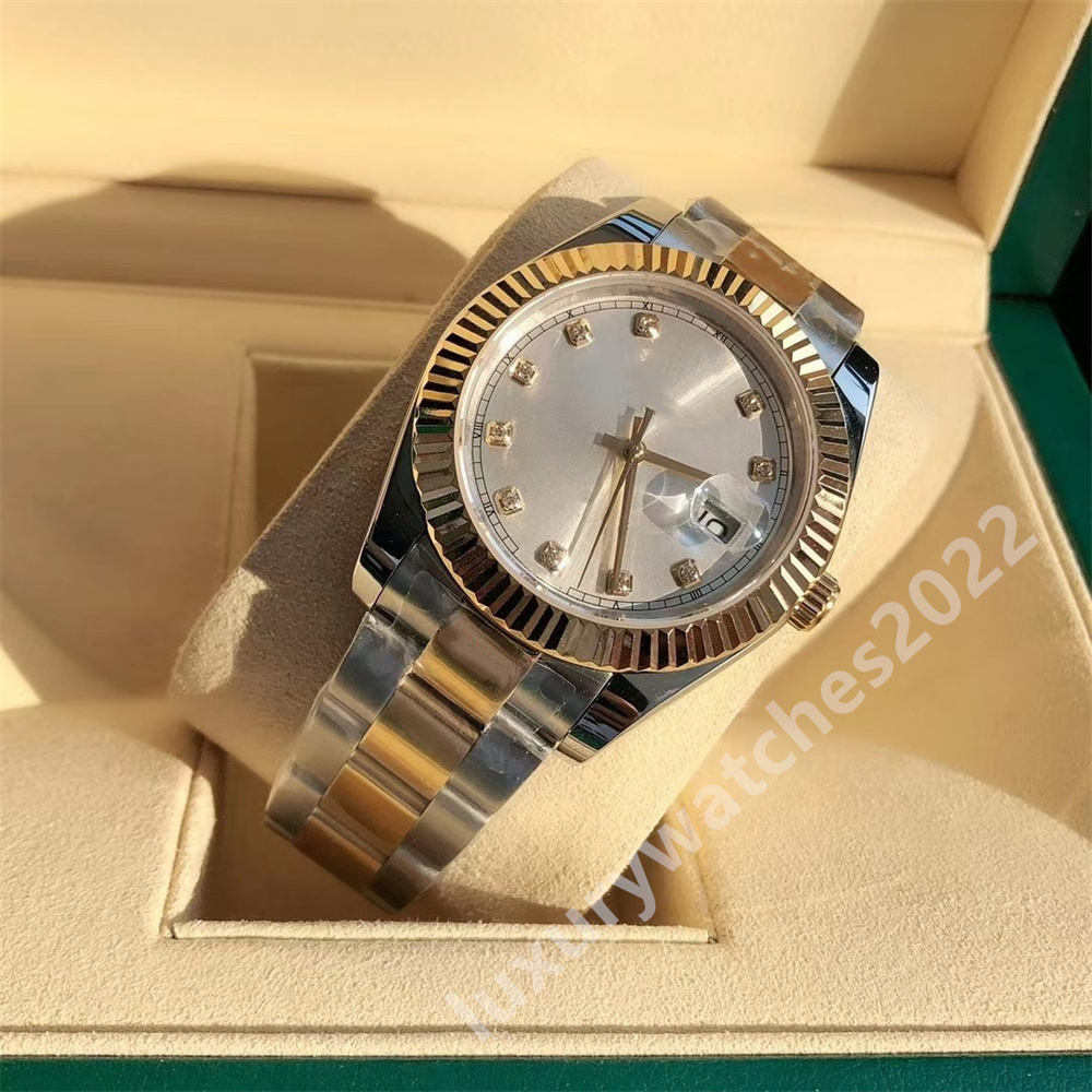 

Luxury Men Watch Sapphire Diamond Markers Two Tone 41mm Silver Dial Automatic Mechanical Montre De Luxe Oyster Band Wrsitwatches, Watch a