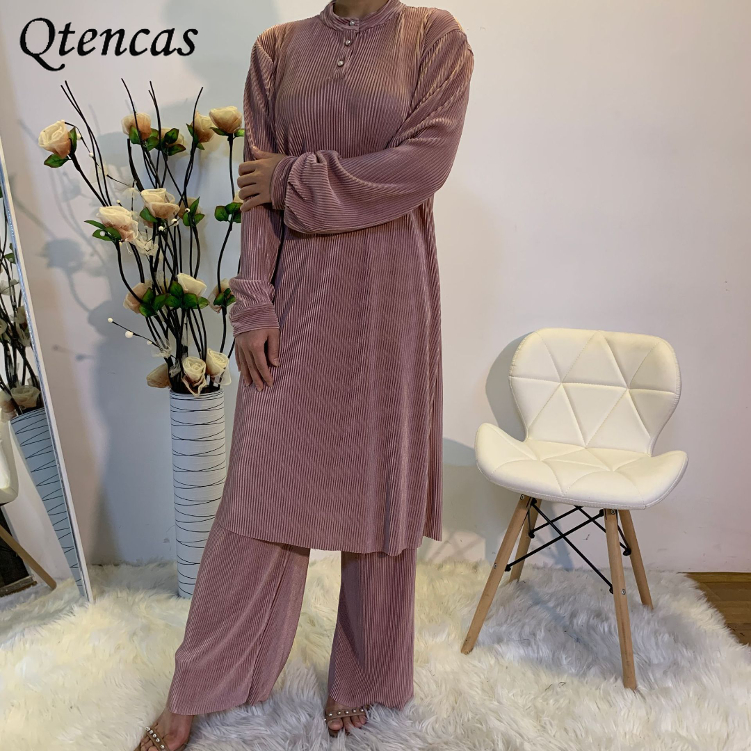 

2 Piece Set Women Muslim Sets Hijab Dubai Abaya Turkey Malaysia Islamic Prayer Clothing Turkish Pants Suit Musulman Ensembles