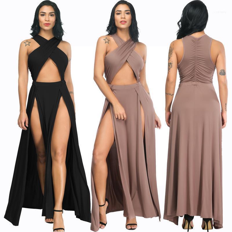 Sexy Evening Party Night High Split Long Dress Women Asymmetrical Solid Color Slim Fit Dresses Banquet Sleeveless Pleated Casual