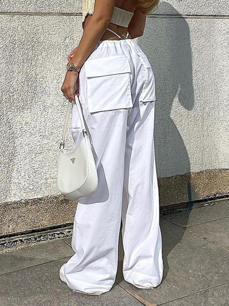 

Women' Pants WeiYao White Cotton Wide Leg Cargo Women Drawstring Low Waist Hippie Baggy Trousers Korean Fashion Streetwear Outfits