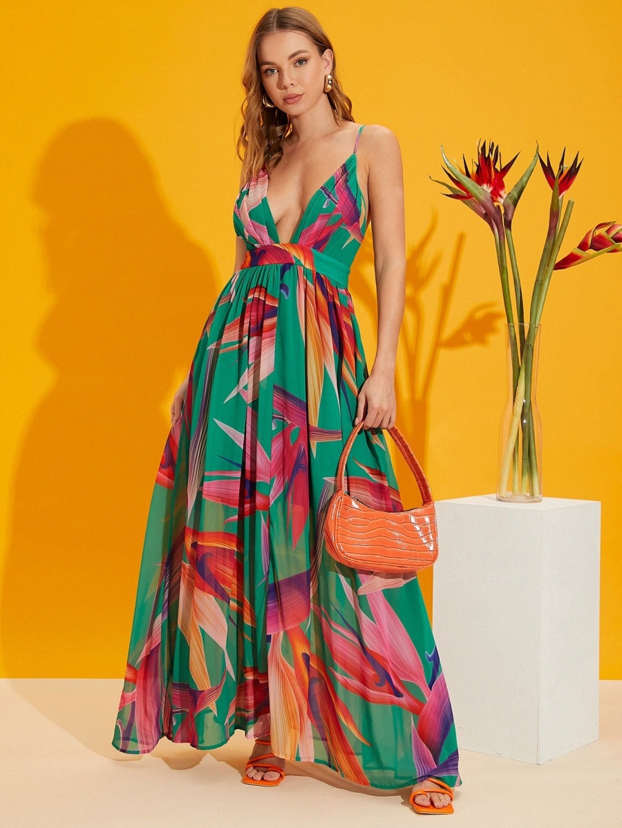 Oiseaux de Paradise Imprimé Floral Crisscoss Robe en mousseline de mousseline de soie dossière F287 #