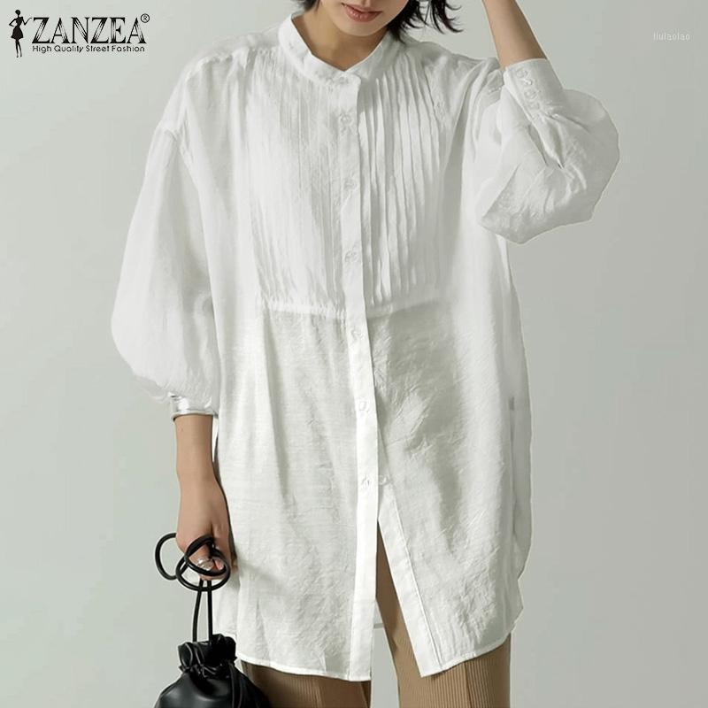 

Women' Blouses & Shirts Elegant Women Blouse 2022 Summer Office Lady Vintage Pleated Top Casual Solid Loose Long Blusa Femininas Ove, Green