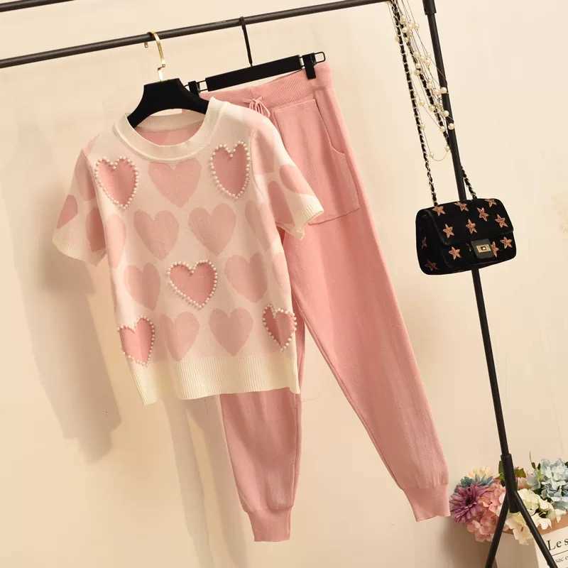 

arrival Beaded Heart Shape Shortsleeved Sweater Elastic waist Pants Women Sweet 2pcs Suit Ladies Summer Clothing Set 210526, Blue