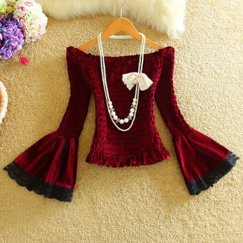 

Women' Blouses & Shirts Autumn Long Flare Sleeve Off The Shoulder Velvet Women Crop Tops Short Body Vere22, Qianzong