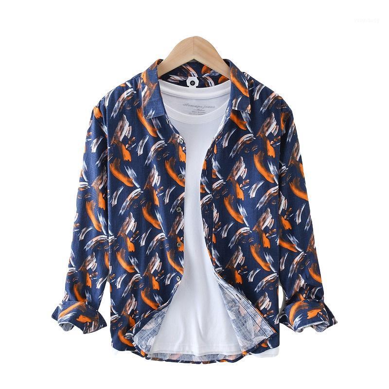 

Men's Casual Shirts Long Sleeve For Men Japanese Fashion Printing Pattern Tops 100%Cotton Turn-down Collar Male Clothing 2022, Green