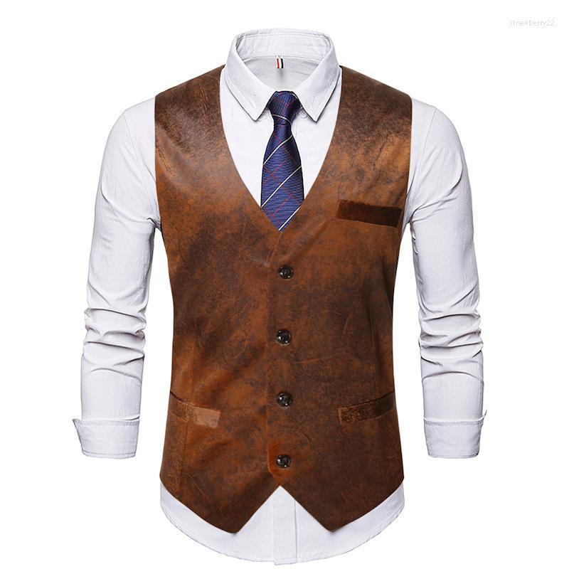 

Men's Vests Mens Suit Vest V Neck Suede Artificial Leather Single-Breasted Slim Fit For Men Sleeveless Formal Casual Waistcoat 2022 Stra22, Dark brown