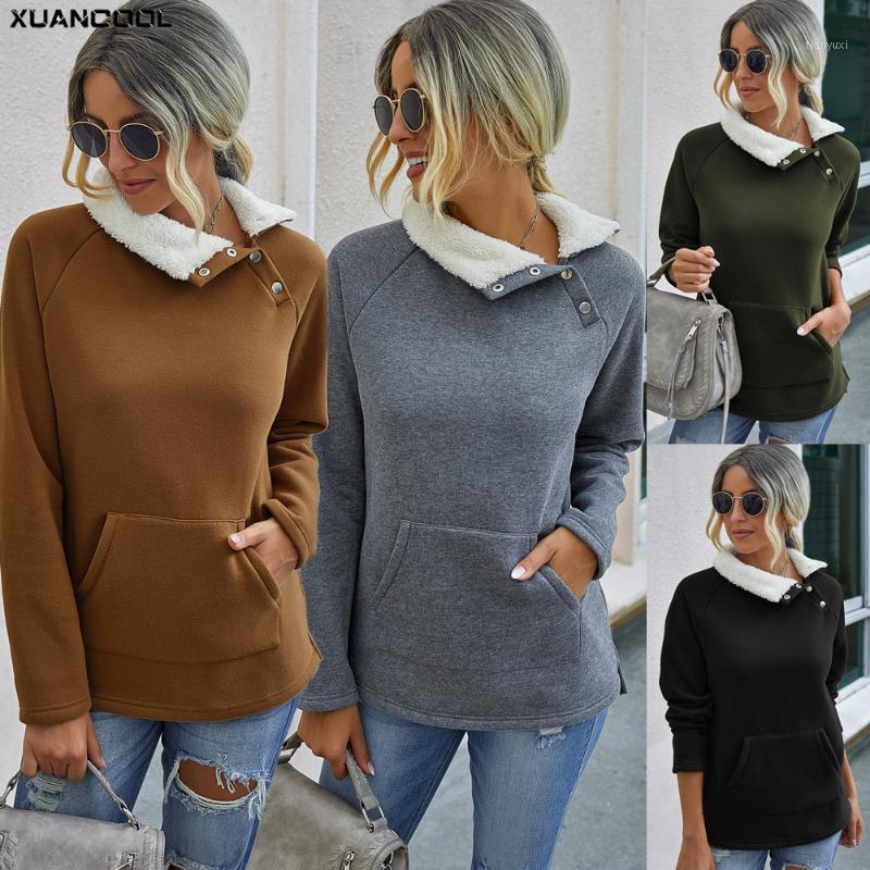 

Women' Hoodies & Sweatshirts XUANCOOL 2022 Autumn Women Sweatshirt Black/Army/Gray/Khaki 4 Solid Colors Long Sleeve Pocket Stitching Irregu