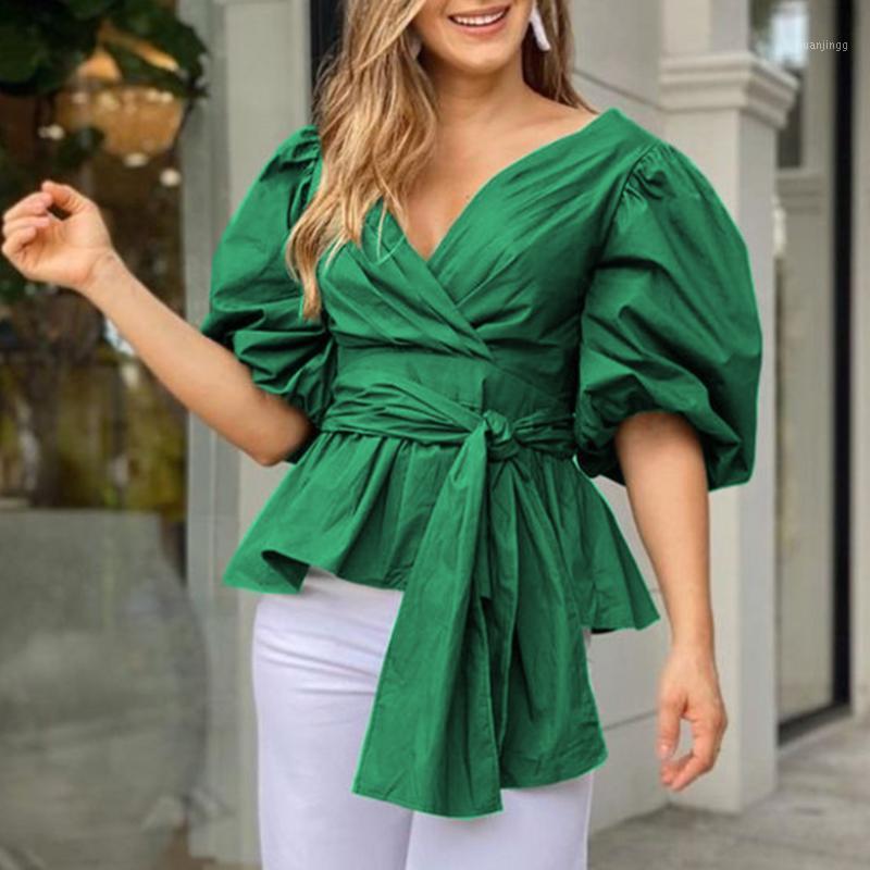 

Women' Blouses & Shirts Women V Neck Peplum Half Lantern Sleeves Waist Belt Tops African Fashion Autumn 2022, Green