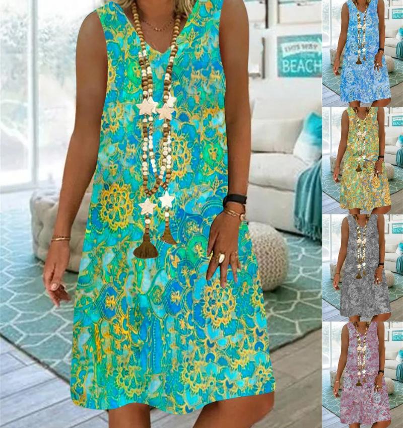 

Casual Dresses Dress Women Summer 2022 Europe America Restore Ancient Printing V-neck Sleeveless Loose Vestidos YFF6396Casual, Randomcolor