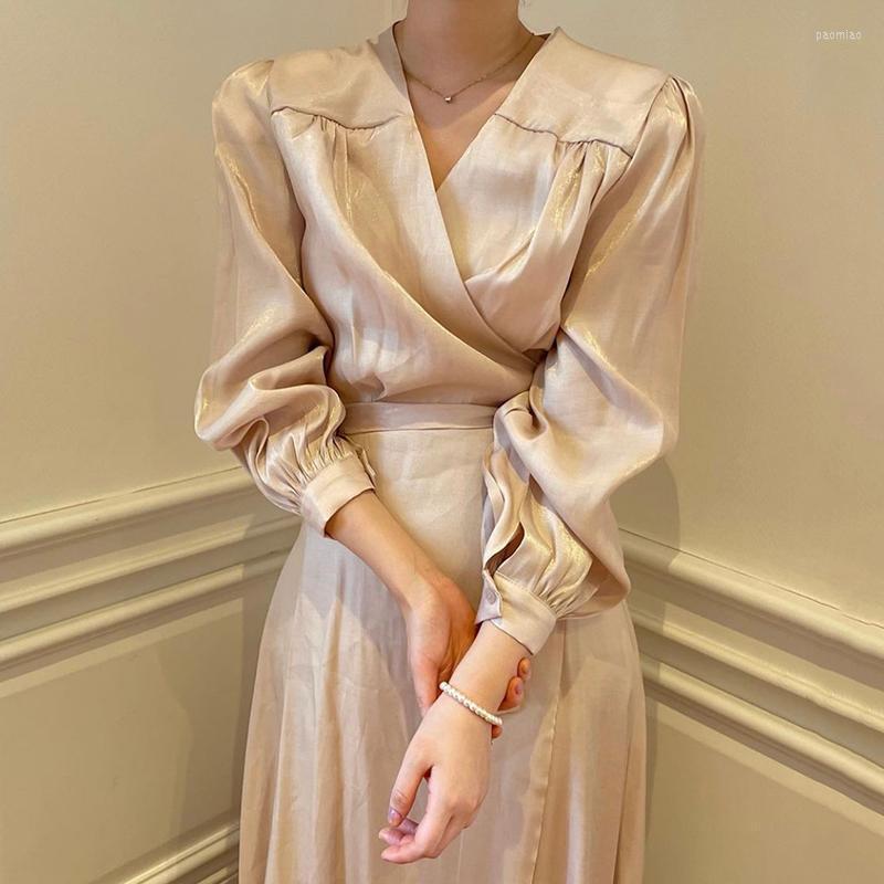 

Casual Dresses ZCSMLL Korean Spring Autumn Temperament V-neck Cross Tie Waist Luster Puff Sleeve Solid Color Women Dress Tide, Black