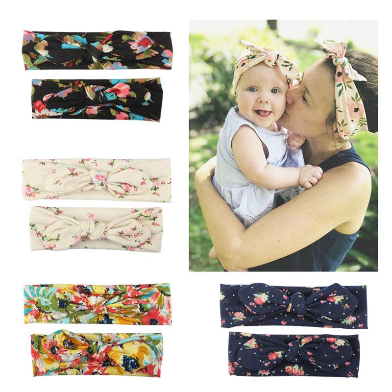 

Hair Accessories 2Pcs/Set Baby Mom Headband Set Floral Printed Cute Bows Kids Bands Turban For Girl Soft Elastic Parent-Child HeadwearHair