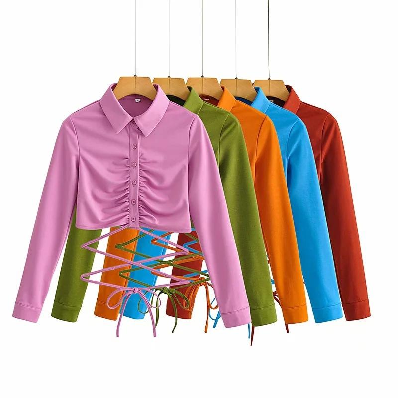 

Women' T-Shirt Collar Pleated Tie Rope Bottoming Shirt Women Autumn Spring Single-Breasted Short Long-Sleeved Tees TopWomen' Women'sWomen, Blue