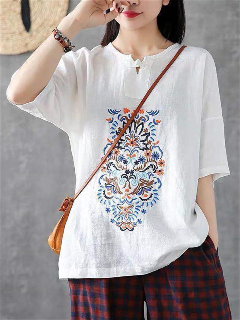 

Women's Blouses & Shirts Women Spring Summer Lady Fashion Casual Short Sleeve O-Neck Embroidery Blusas Printing Tops2326Women's, White