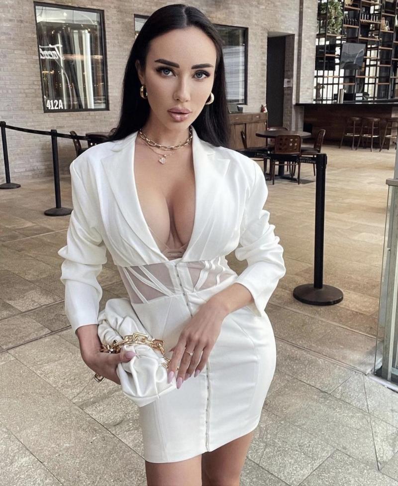 

Casual Dresses Winter Sexy V Neck Long Sleeve White Mesh Mini Women Blazer Dress 2022 Designer Elegant Evening Party Club Vestido