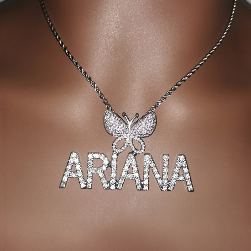 

Custom Mini Initial Letters With Buttterfly Bail Pendant Micro Paved CZ Personalized Name Plated Necklace Hip hop Jewelry