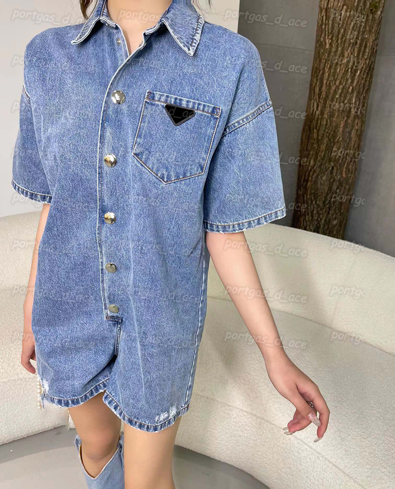 

Denim Womens Jumpsuit Fashion Jean Shorts Rompers Summer Lapel Short Sleeve Jumpsuits, Denim blue with label