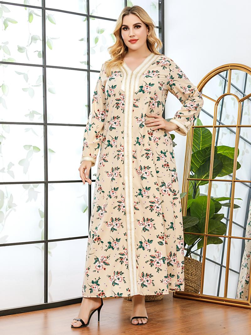 

Casual Dresses 2022 Autumn Women Fashion Floral Ribbon Patchwork Long Sleeve Dress Loose Maxi Arabic Dubai Turkey Muslim Clothes, Black;gray