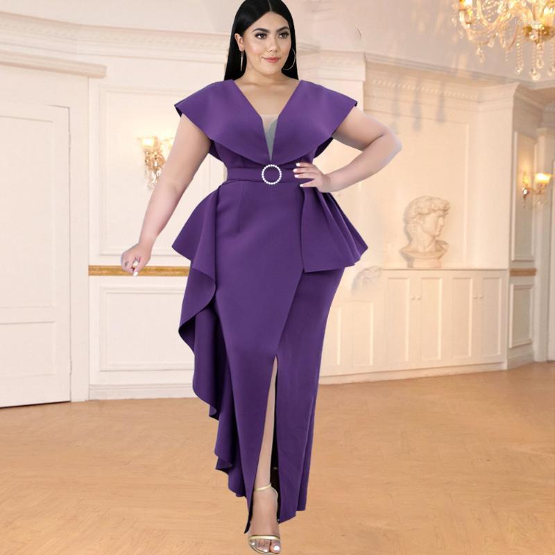 

Plus Size Dresses Elegant Dress Sexy V Neck Irregular Purple Ruffle Tunics Slit Ankle Length Sleeveless Party Evening Club Women Loli22, Green