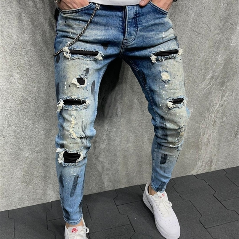 

Paint Ripped Jeans Men's Sweatpants Sexy Hole Pants Casual Male Skinny Trousers Slim Biker Outwears European Size 220408, 1993 gray