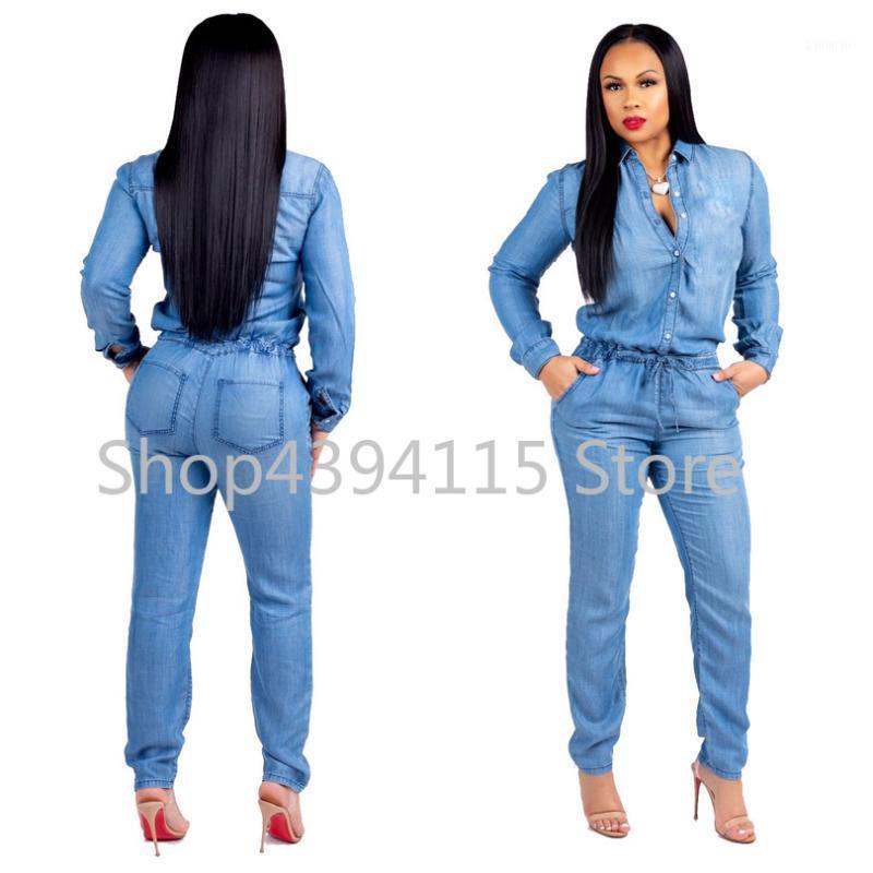 

Women' Jumpsuits & Rompers Vintage Plus Size Jeans Jumpsuit Turn Down Collar Long Sleeve Bandage Denim Women Bodysuits Combinaison -3XL, Blue