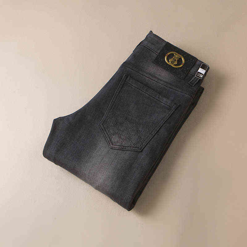 

and Autumn Winter Thick Men's Jeans High-end Micro Elastic Embroidery Trend Fashion Brand Slim Fit Small Feet Long Pants Men, Black