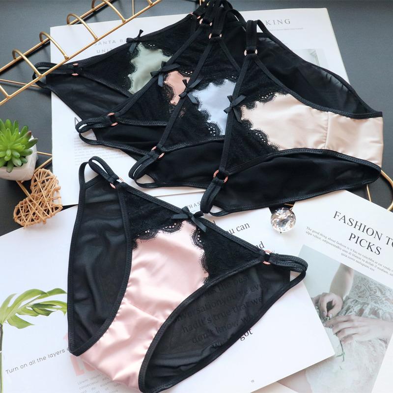 

Women's Panties European And American Hollow Perspective Thin Belt Iron Ring Satin Sexy Ladies Low Waist Lace Briefs Ice Silk Breathable Bow, Green