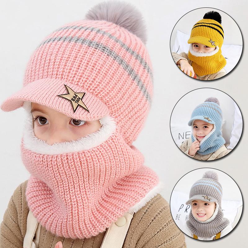 

Berets Autumn Winter Children Hats Knitted Baby Girls Cap Warm Wool Hooded Hat Face Scarf For Kids Scarves Toddler Caps, Blue