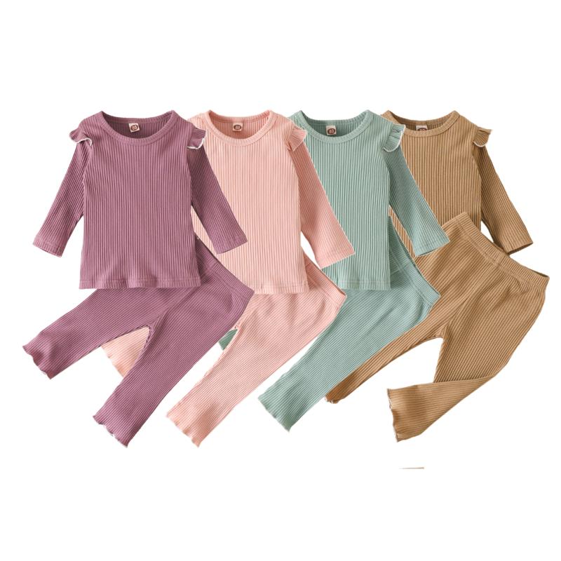

Clothing Sets 2Pcs Cotton Toddler Infant Girls Set Fall Ribbed Stripes Ruffle Long Sleeves Elastic Tops Pants Kids SleepwearClothing, Purple