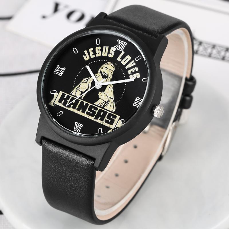 

Wristwatches Craetive Jesus Loves Series Watch For Men Casual Black Leather Strap Quartz Watches Women Special Large Dial Wristwatch Gift, As pic