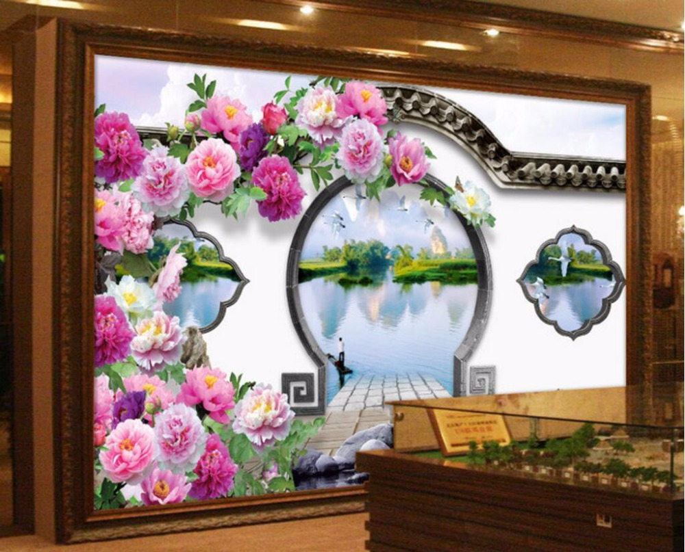 

Custom Photo Wallpaper 3d 3d Chinese Garden Round Door Peony TV Backdrop papel de parede 3d para sala, Pink