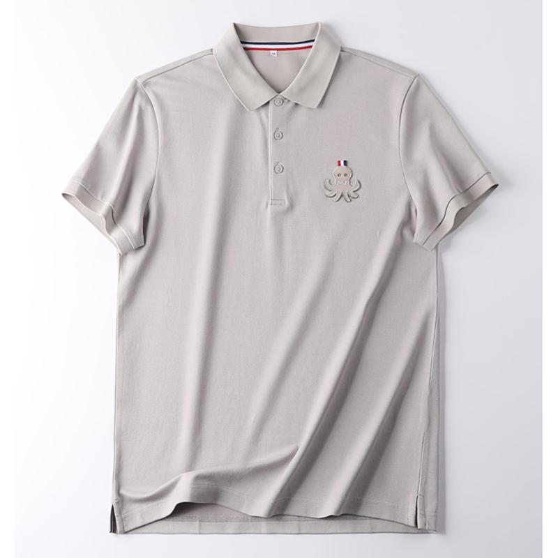 

Men's Casual Shirts Elegant Gentleman High-end Textile PIMA Cotton Bead Fabric Summer Leisure Business Men Lapel Short Sleeve T-shirt MenMen, Rice white