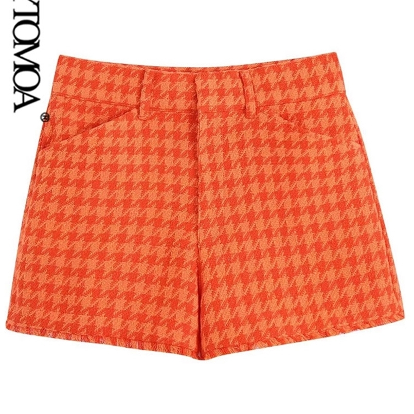 

KPYTOMOA Women Fashion Side Pockets Frayed Hem Tweed Bermuda Shorts Vintage High Waist Zipper Fly Female Short Pants Mujer 220419, As picture