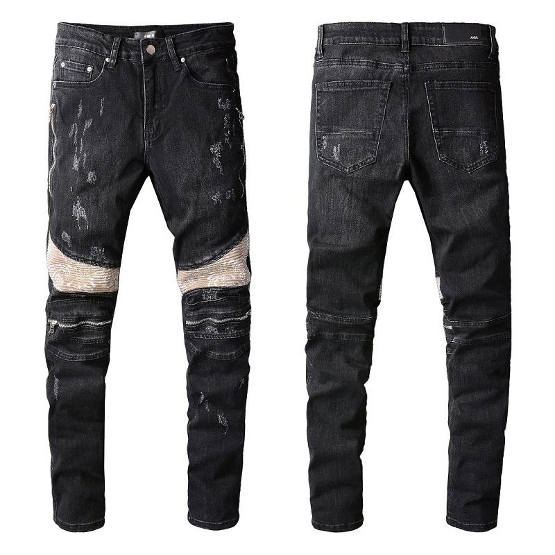 

Men's Jeans Motorcycle Pants Black Homme AMR Ripped For Men Patchwork
