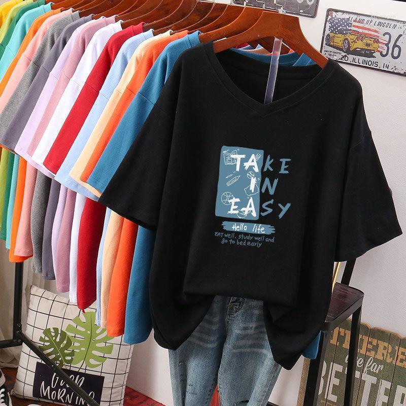 

Women's Plus Size T-Shirt Short-sleeve V-neck Fashion Women Blouses 2022 Loose Summer Korean Harajuku Cotton Tops Graphic TeesWomen's Echm22, C2-1319-white