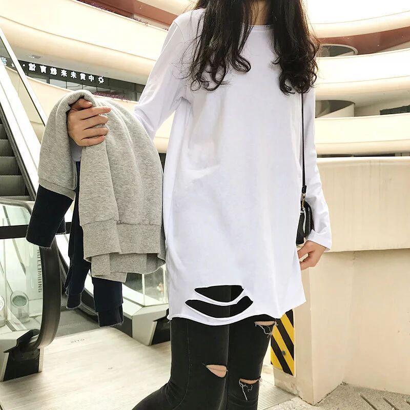

Women's T-Shirt The Latest Autumn And Winter Fashion Mid-length White Hem Long-sleeved Woman Tshirts Bottoming Shirt All-match Top, Ivory