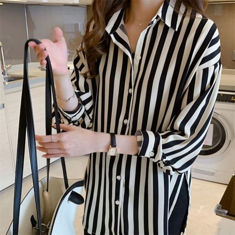 

Spring Summer Korean Design Loose Striped Shirt Women's Thin Retro Long Sleeve Chiffon Blouse Button Cardigan Clothes Women 220407, Black