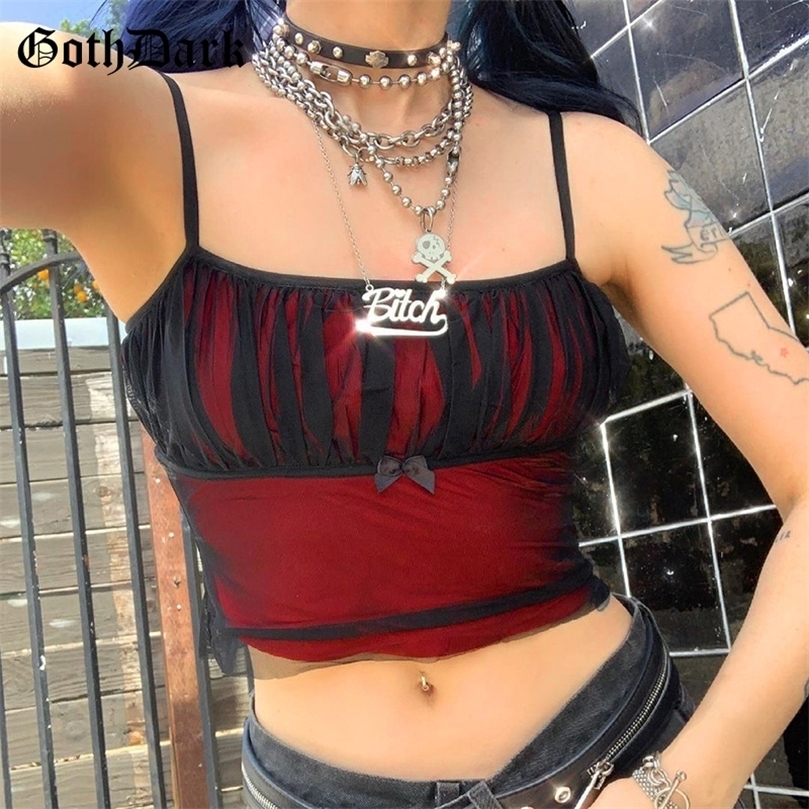 

Goth Dark Punk Mesh Gothic E-girl Cute Camis Harajuku Pastel Goth Grunge Crop Tops Women Ruched Cropped Bow Front Summer Clothes 220407, Red