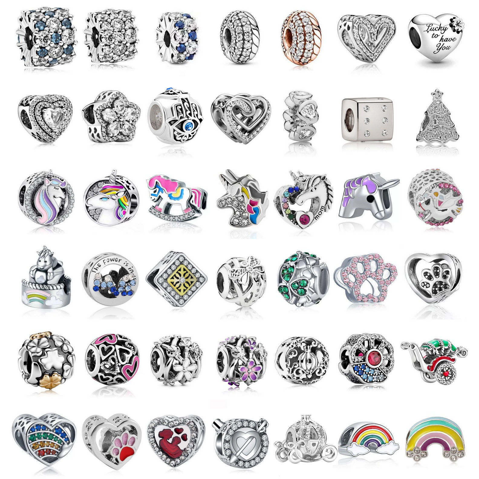 925 Perles de charme en argent enrôle couleur Unicorne Crystal Heart Clover Perle Fit Charms Bracelet Bijoux DIY ACCESSOIRES