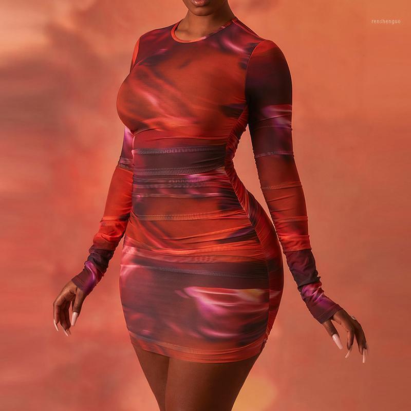 

Casual Dresses Women Dress Y2k Fashion Printing Slim Round Neck Long Sleeve Pleated Skinny Bodycon Female Party Outfits Fall, Burgundy