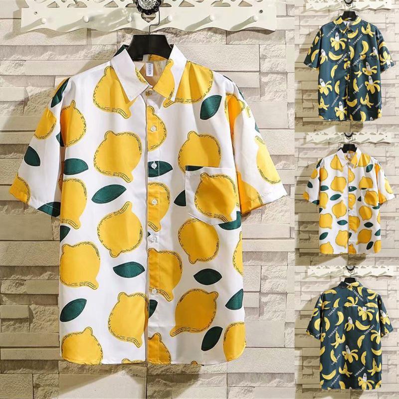 

Men Hawaiian Shirt Blouse Short Sleeve Fruit Print Vacation Casual Lapel Summer Beachwear Camisa Masculina Men's Shirts, Green