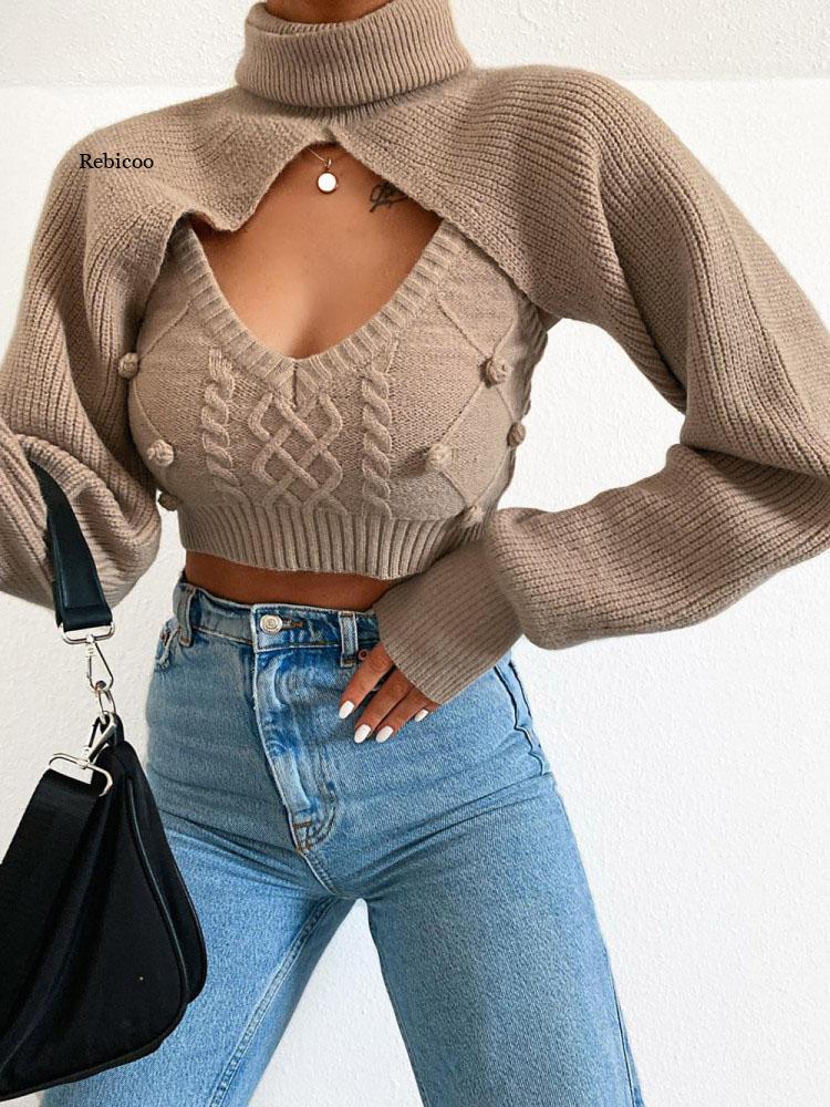 

Women' Sweaters Piece Set Women Autumn Winter Turtleneck Crop Vest Knit Top Sexy Backless Knitted Chic JumperWomen, Camel