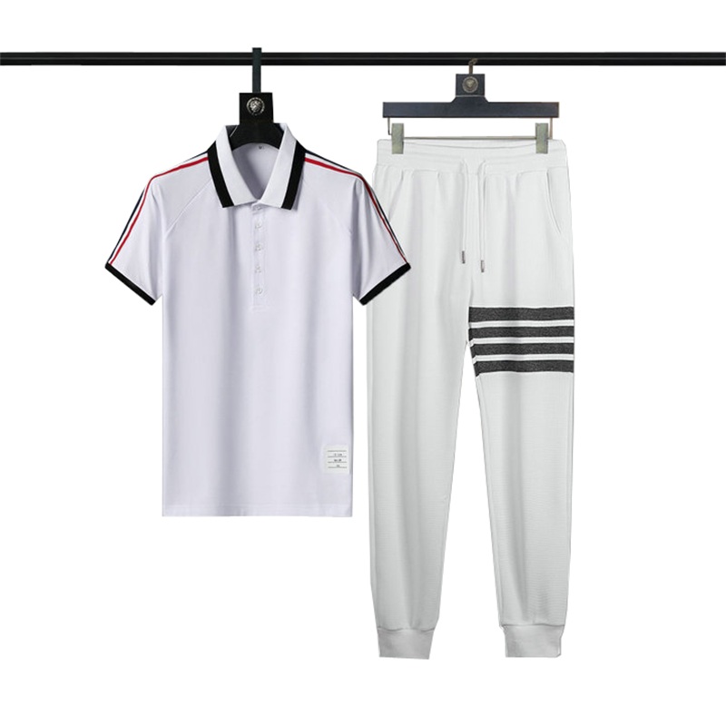 

Men's cotton pants two piece suit simple polo sweatpants set casual running tracksuit luxury summer short sleeve t shirt tracksuit, Black and white
